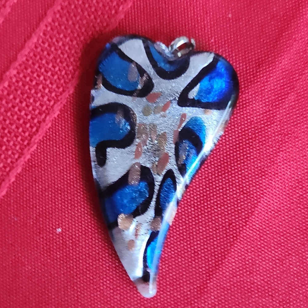 Blue and Silver Heart Glass Pendant (No Chain)